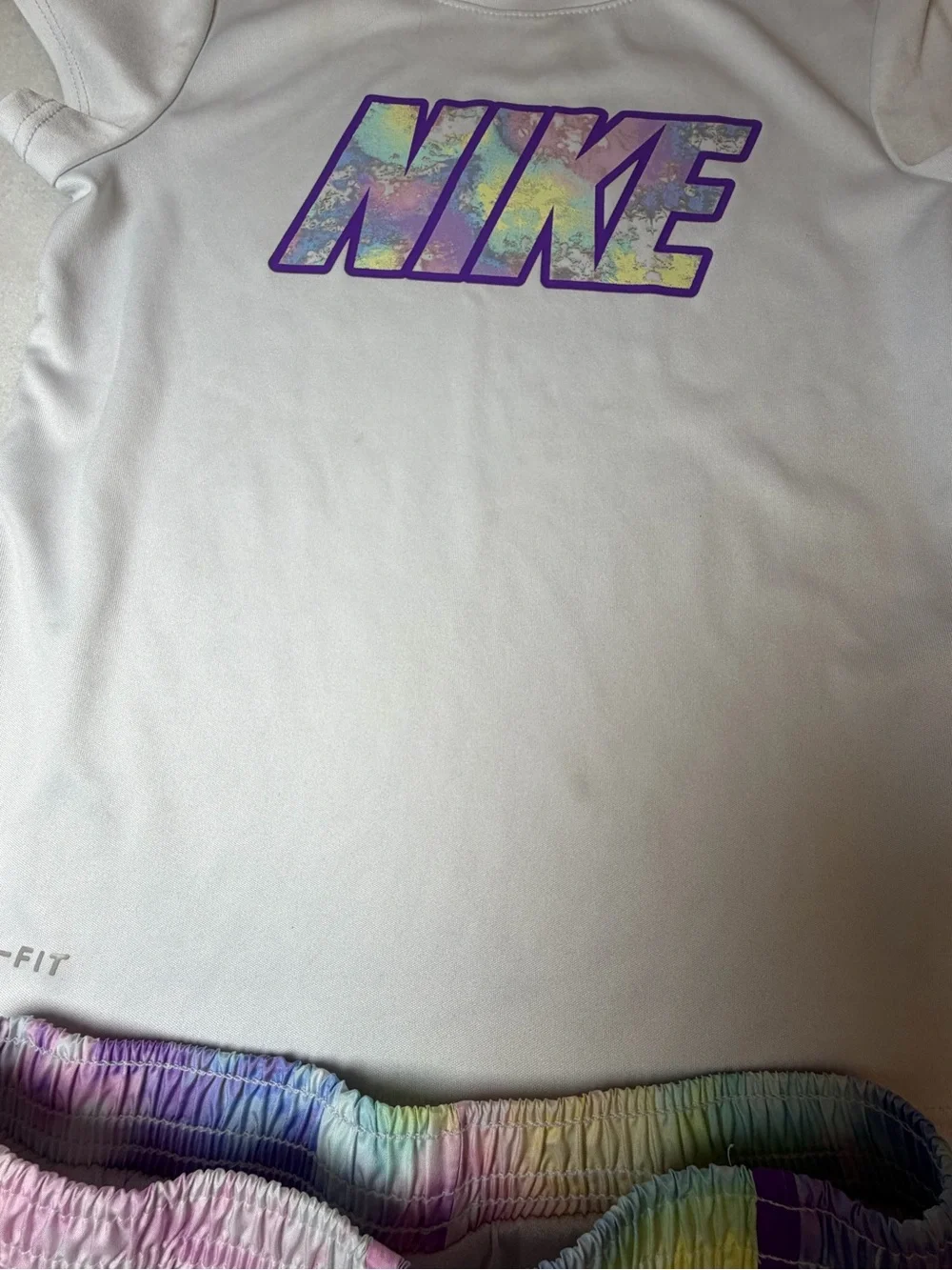 Nike White Dri-FIT Top with Pastel Rainbow Tie-Dye Waistband